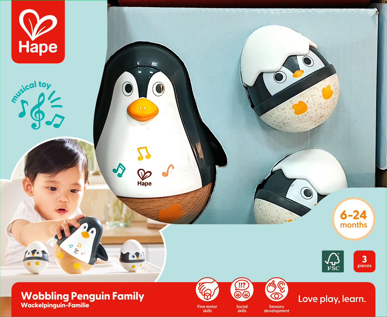 Hape Penguin Family Wobble Toy Set with Music, Sensory Stimulation & Fine Motor Skill Development