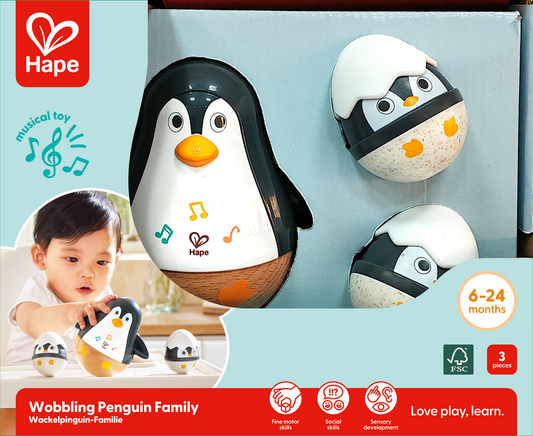 Hape Penguin Family Wobble Toy Set with Music, Sensory Stimulation & Fine Motor Skill Development
