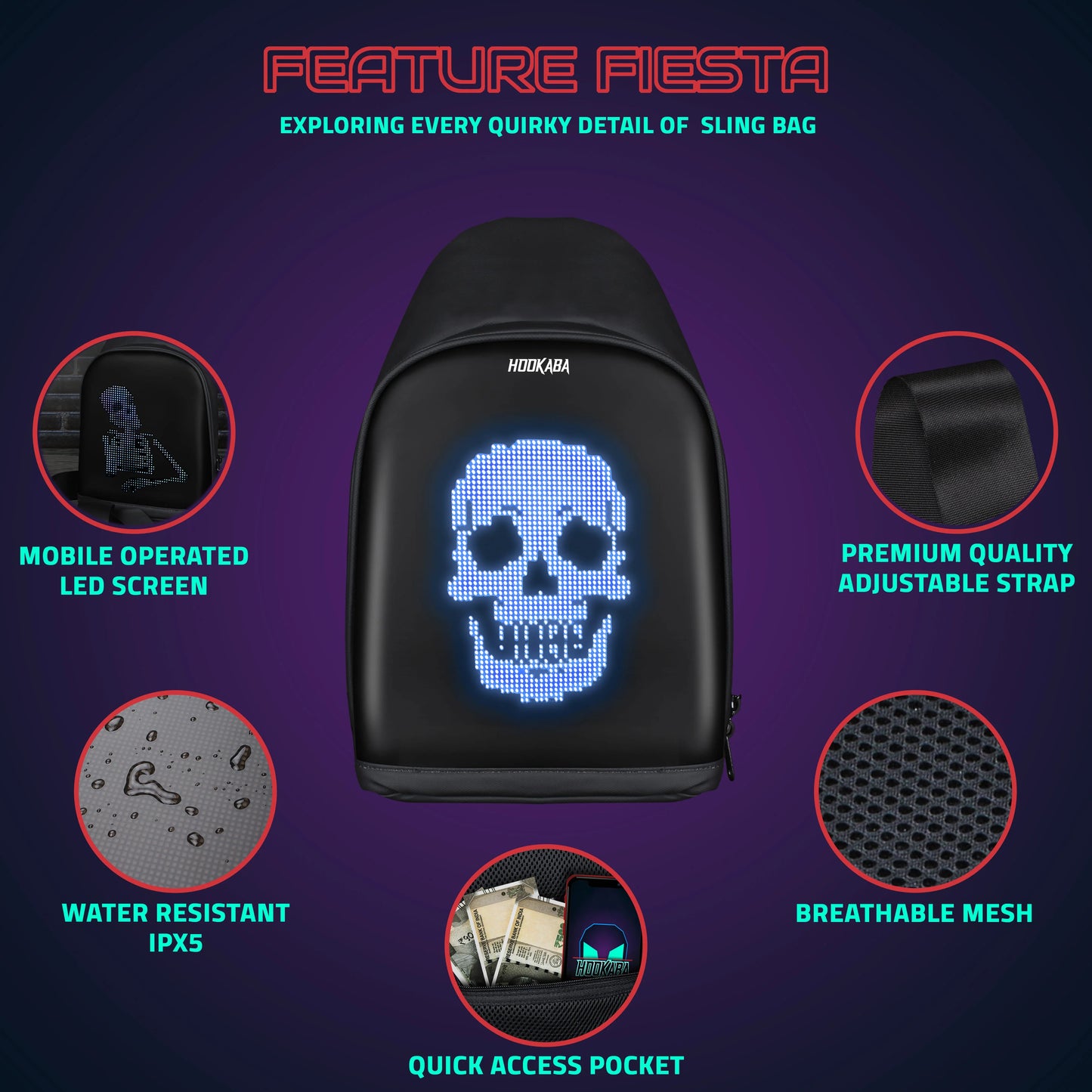 HOOKABA LED SLING BAG , | Smart Pixel Display Bag | App Controlled, USB charge, Programmable Screen & Water Resistant