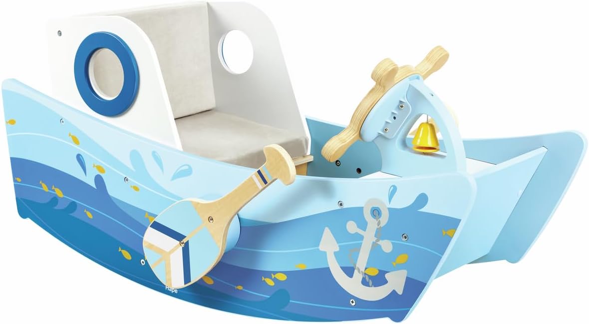Hape Captain’s Rocking Boat Wooden Ride-On Toy with Steering Wheel, Bell & Interactive Play for Toddlers
