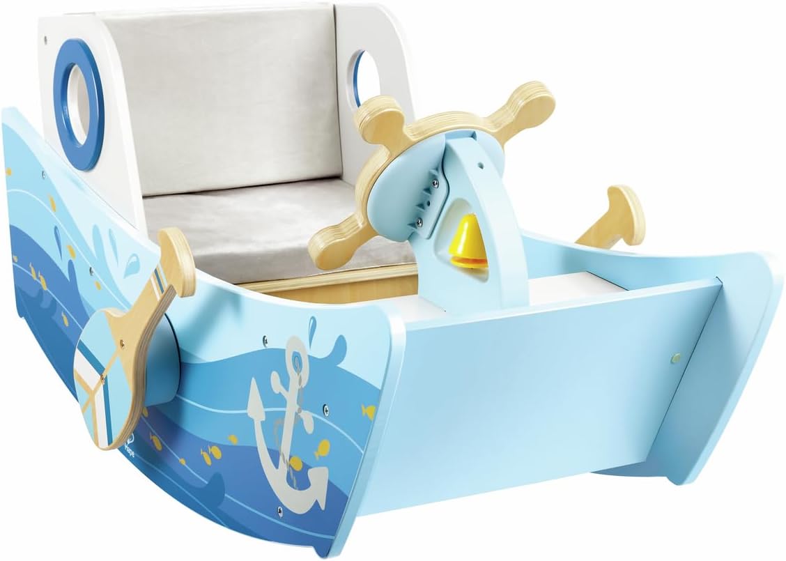 Hape Captain’s Rocking Boat Wooden Ride-On Toy with Steering Wheel, Bell & Interactive Play for Toddlers