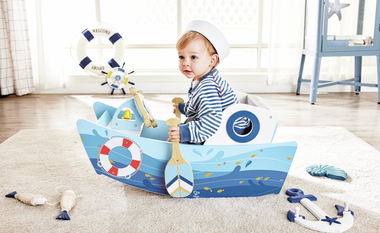 Hape Captain’s Rocking Boat Wooden Ride-On Toy with Steering Wheel, Bell & Interactive Play for Toddlers