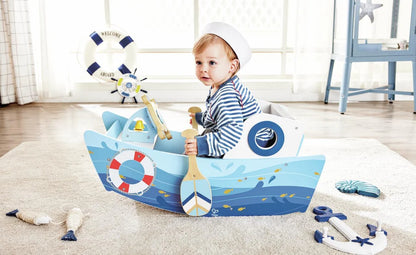 Hape Captain’s Rocking Boat Wooden Ride-On Toy with Steering Wheel, Bell & Interactive Play for Toddlers