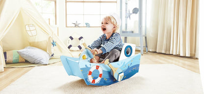 Hape Captain’s Rocking Boat Wooden Ride-On Toy with Steering Wheel, Bell & Interactive Play for Toddlers