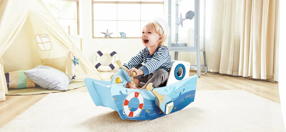 Hape Captain’s Rocking Boat Wooden Ride-On Toy with Steering Wheel, Bell & Interactive Play for Toddlers