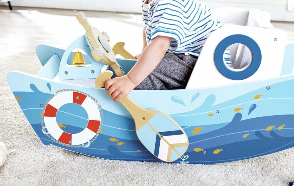 Hape Captain’s Rocking Boat Wooden Ride-On Toy with Steering Wheel, Bell & Interactive Play for Toddlers