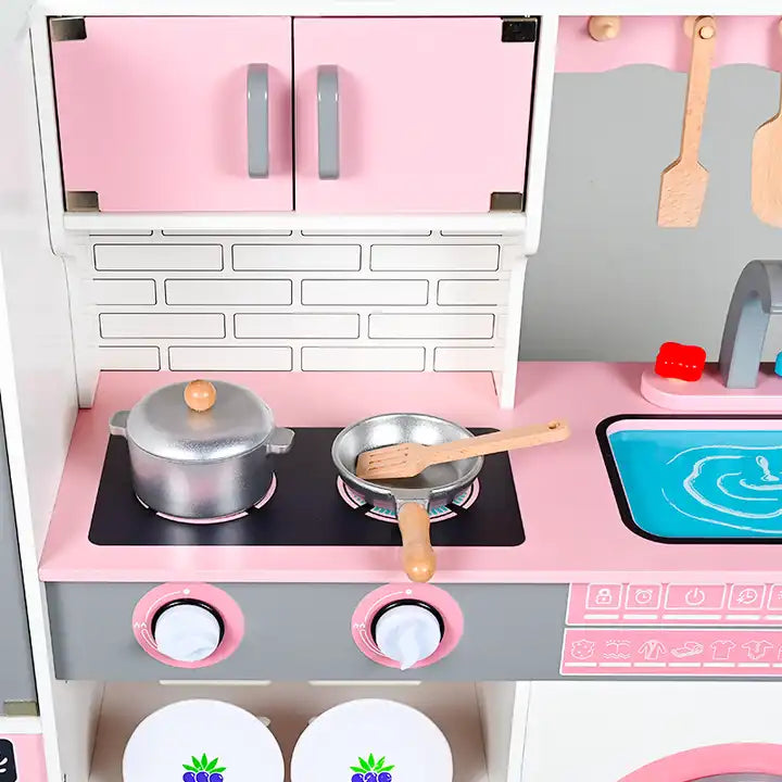 Role Play Wooden Large Pink Pretend Play Kitchen Cooking Toys With Refrigerator Stove