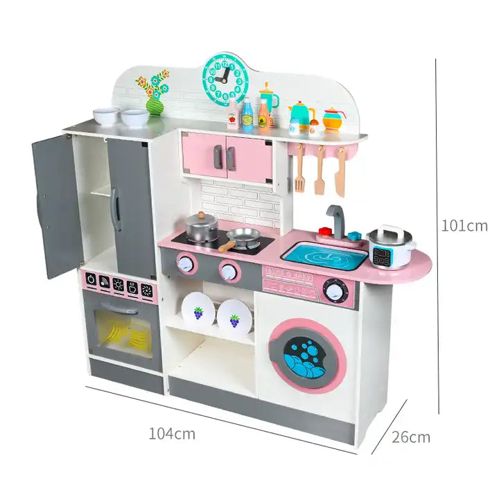 Role Play Wooden Large Pink Pretend Play Kitchen Cooking Toys With Refrigerator Stove