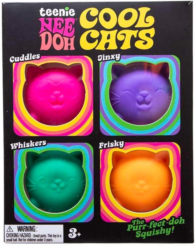 NeeDoh Cool Cats Teenie Multipack, 4 Assorted Colours/Styles - Dough Filled, Tactile Sensory Play, Soft Squeezable Texture