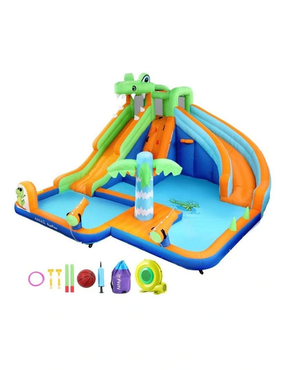 Crocodile Inflatable Bouncy Water Park – Dual Slides, Splash Pool, Climbing Wall & Water Cannons (465×430×250cm)