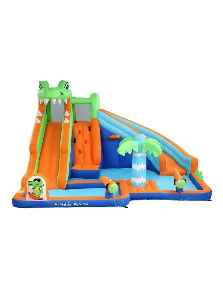 Crocodile Inflatable Bouncy Water Park – Dual Slides, Splash Pool, Climbing Wall & Water Cannons (465×430×250cm)