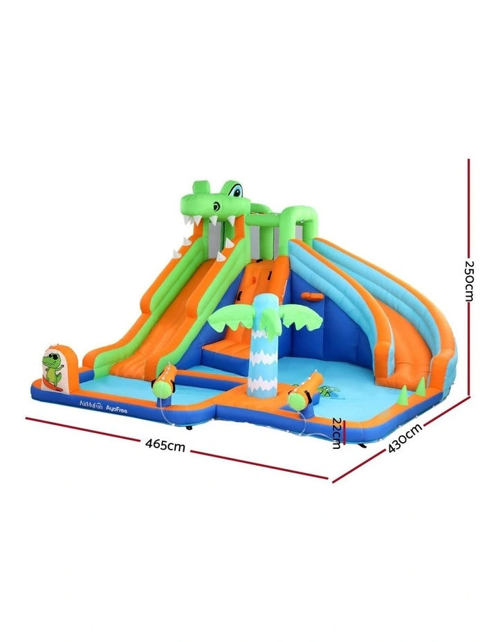Crocodile Inflatable Bouncy Water Park – Dual Slides, Splash Pool, Climbing Wall & Water Cannons (465×430×250cm)