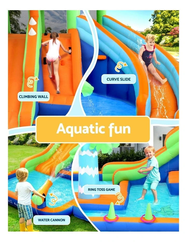 Crocodile Inflatable Bouncy Water Park – Dual Slides, Splash Pool, Climbing Wall & Water Cannons (465×430×250cm)