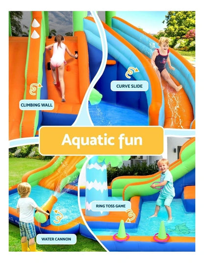 Crocodile Inflatable Bouncy Water Park – Dual Slides, Splash Pool, Climbing Wall & Water Cannons (465×430×250cm)