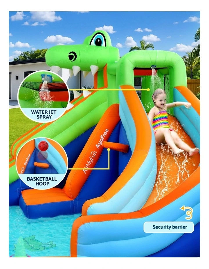 Crocodile Inflatable Bouncy Water Park – Dual Slides, Splash Pool, Climbing Wall & Water Cannons (465×430×250cm)