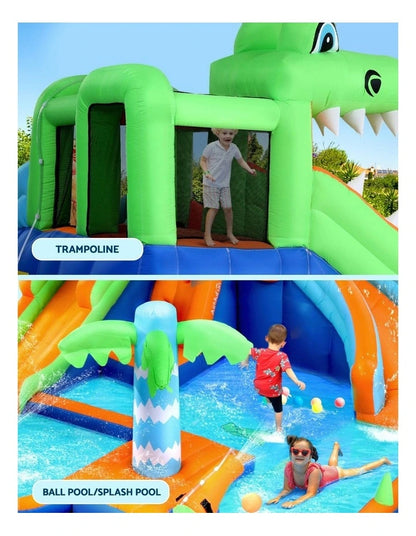 Crocodile Inflatable Bouncy Water Park – Dual Slides, Splash Pool, Climbing Wall & Water Cannons (465×430×250cm)