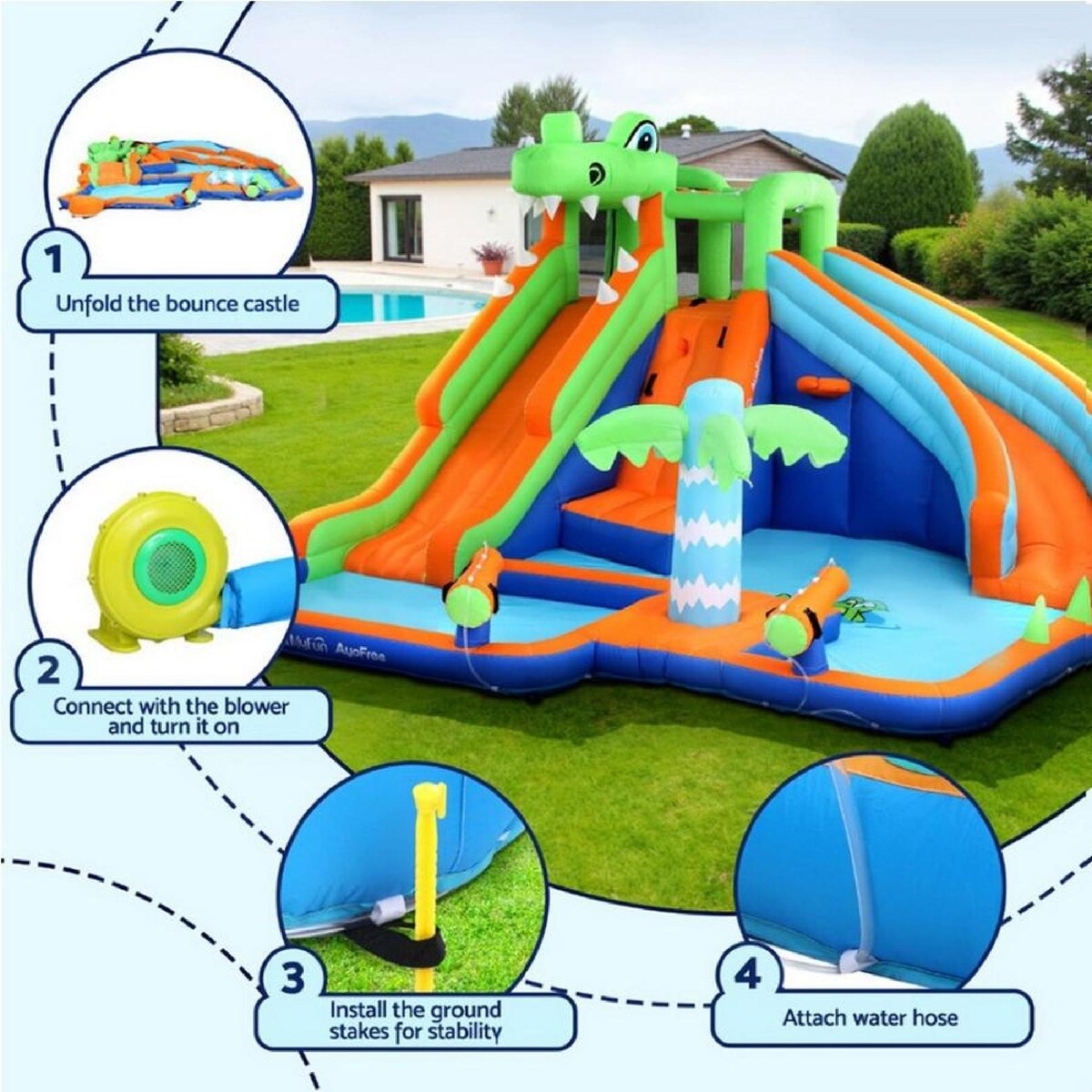 Crocodile Inflatable Bouncy Water Park – Dual Slides, Splash Pool, Climbing Wall & Water Cannons (465×430×250cm)