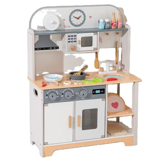 Wooden Pretend Play Cooking Kitchen Set for Kids with Sink, Stove, Oven, Microwave & Wooden Food Accessories