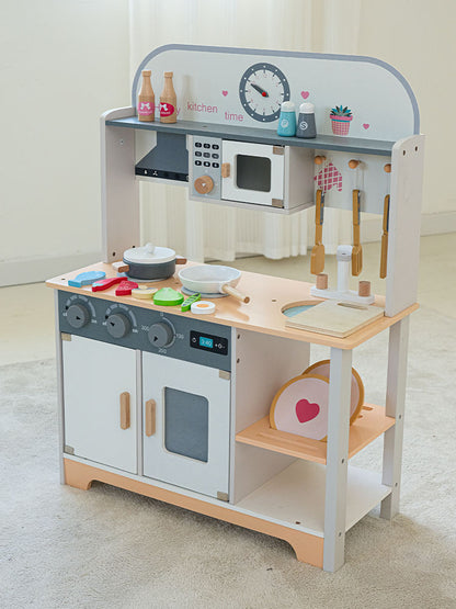 Wooden Pretend Play Cooking Kitchen Set for Kids with Sink, Stove, Oven, Microwave & Wooden Food Accessories