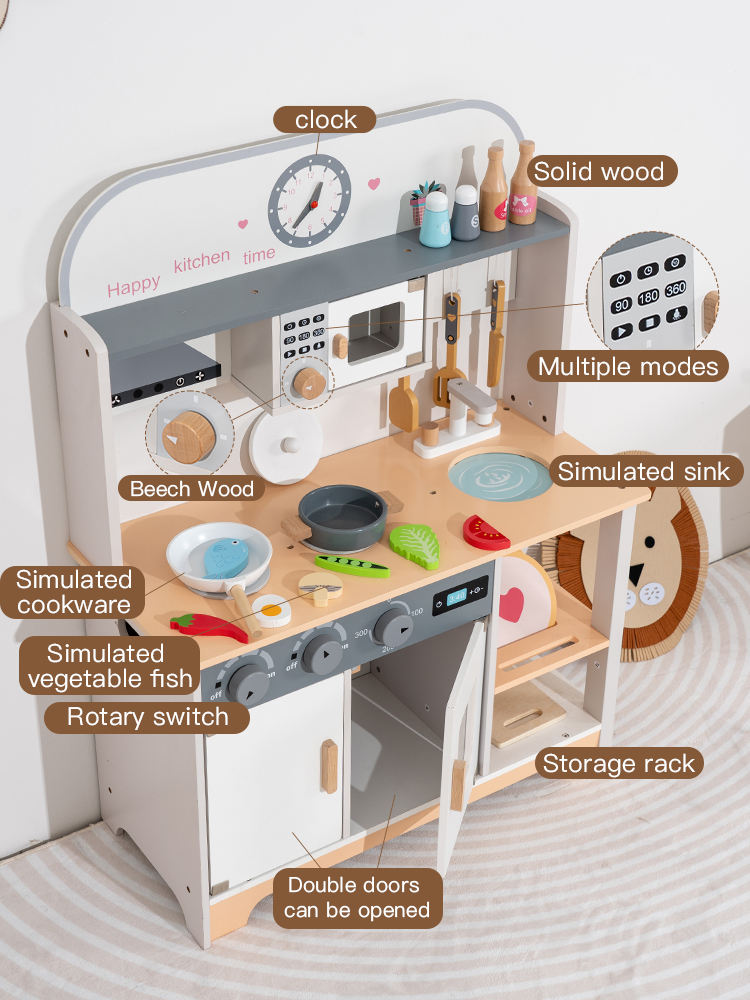 Wooden Pretend Play Cooking Kitchen Set for Kids with Sink, Stove, Oven, Microwave & Wooden Food Accessories