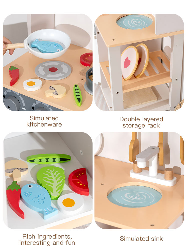 Wooden Pretend Play Cooking Kitchen Set for Kids with Sink, Stove, Oven, Microwave & Wooden Food Accessories