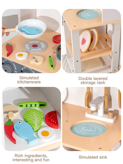 Wooden Pretend Play Cooking Kitchen Set for Kids with Sink, Stove, Oven, Microwave & Wooden Food Accessories