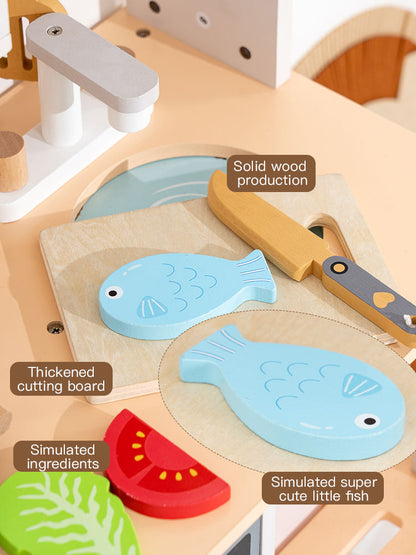 Wooden Pretend Play Cooking Kitchen Set for Kids with Sink, Stove, Oven, Microwave & Wooden Food Accessories