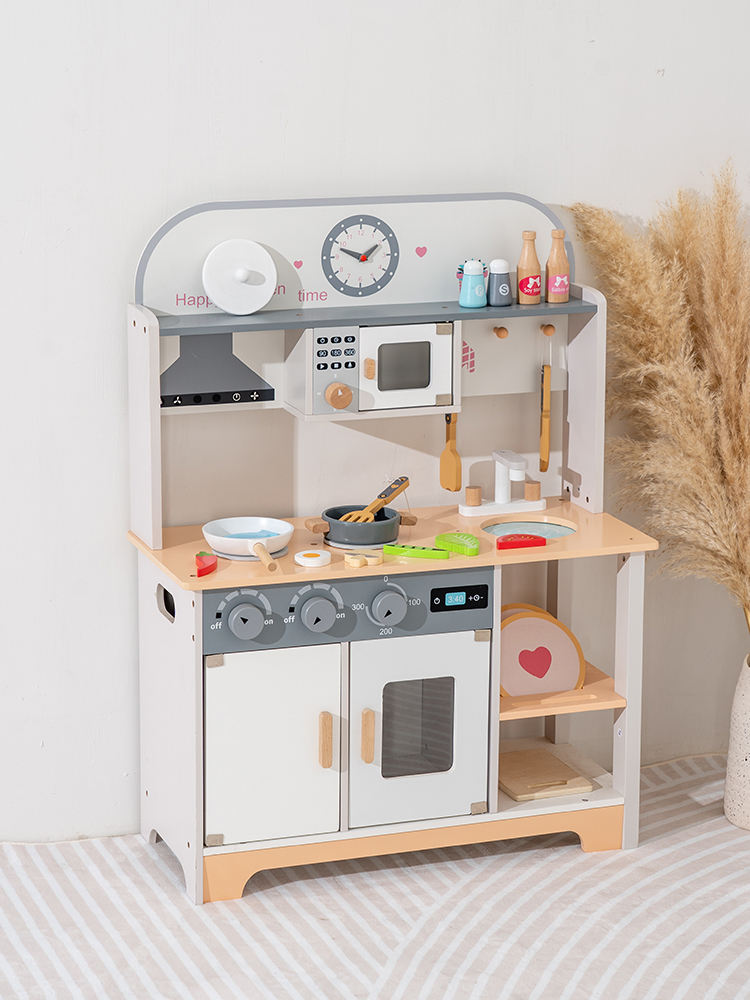 Wooden Pretend Play Cooking Kitchen Set for Kids with Sink, Stove, Oven, Microwave & Wooden Food Accessories