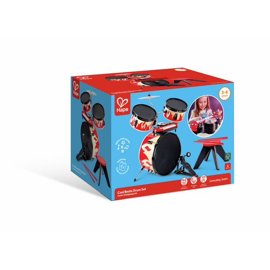 Hape Interactive Drum Set for Kids with Realistic Sounds, Light Effects, Foot Pedal, Stool & Musical Keyboard Panel