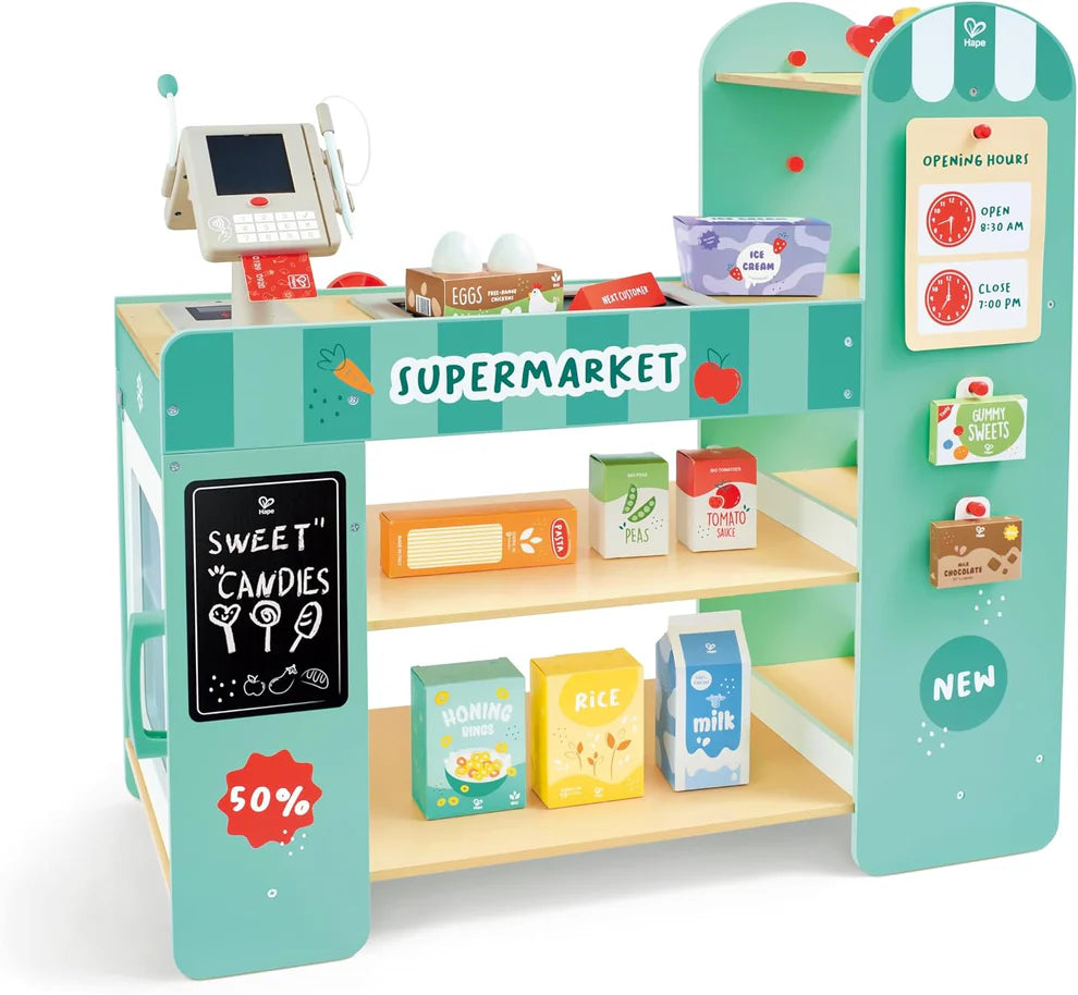 Hape Smart Wooden Supermarket Play Center - 3-in-1 Role Play Shop with Cash Register & Grocery Accessories