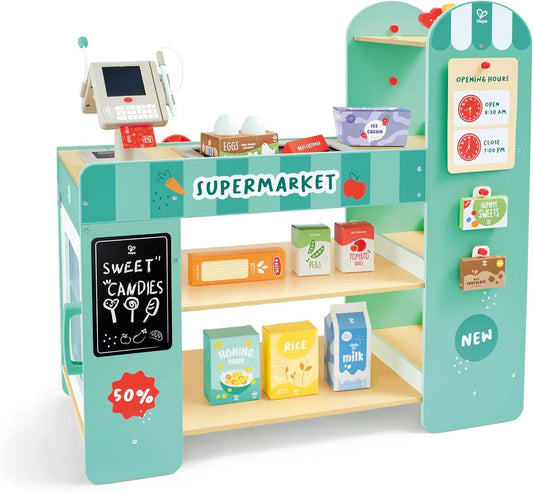 Hape Smart Wooden Supermarket Play Center - 3-in-1 Role Play Shop with Cash Register & Grocery Accessories