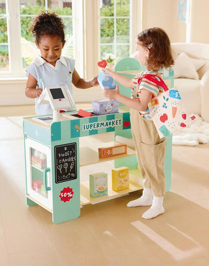 Hape Smart Wooden Supermarket Play Center - 3-in-1 Role Play Shop with Cash Register & Grocery Accessories