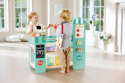 Hape Smart Wooden Supermarket Play Center - 3-in-1 Role Play Shop with Cash Register & Grocery Accessories