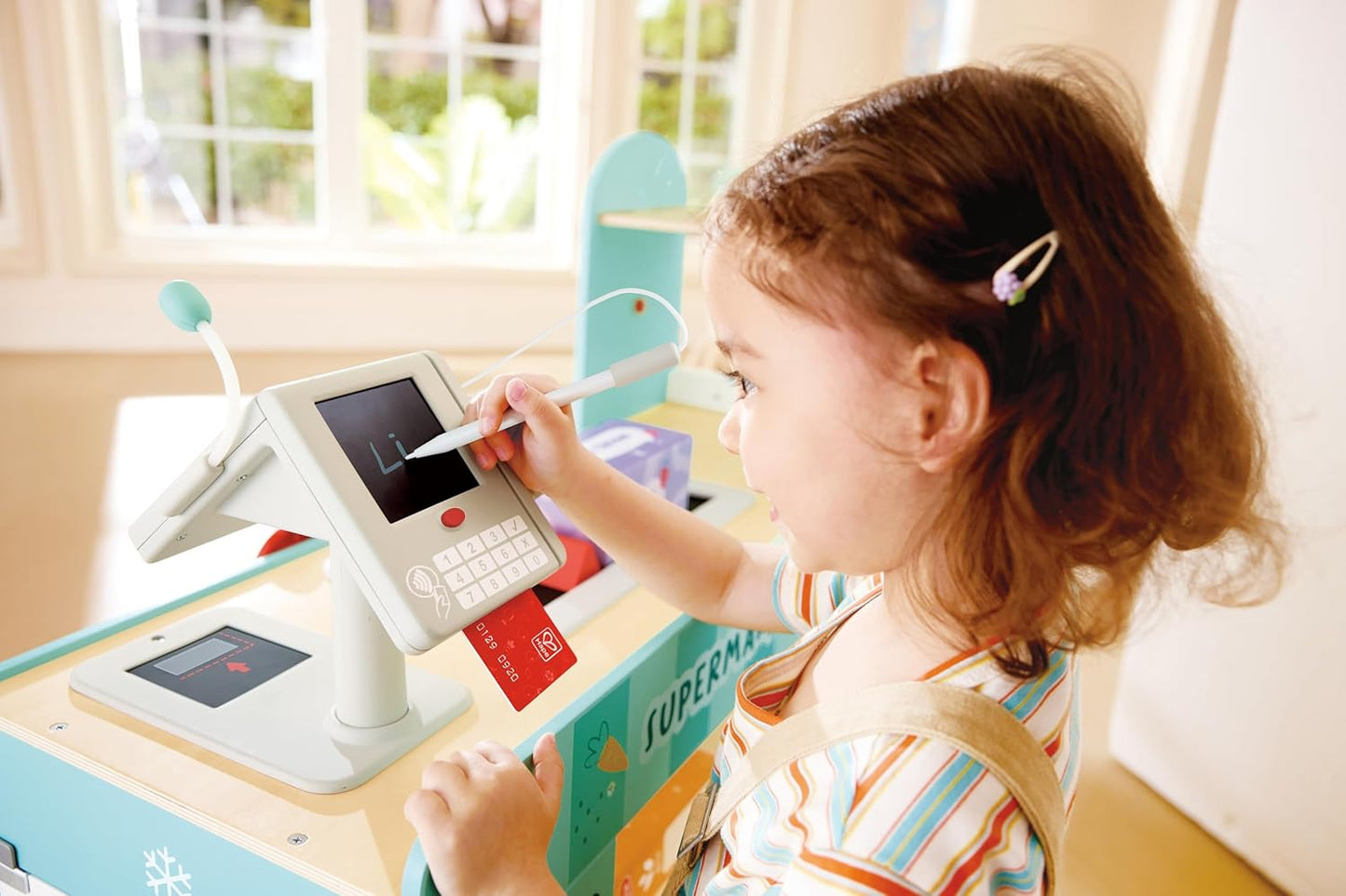 Hape Smart Wooden Supermarket Play Center - 3-in-1 Role Play Shop with Cash Register & Grocery Accessories