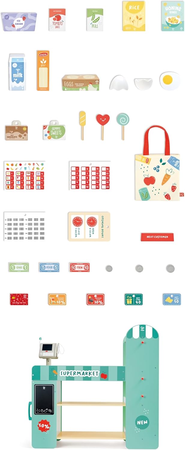 Hape Smart Wooden Supermarket Play Center - 3-in-1 Role Play Shop with Cash Register & Grocery Accessories