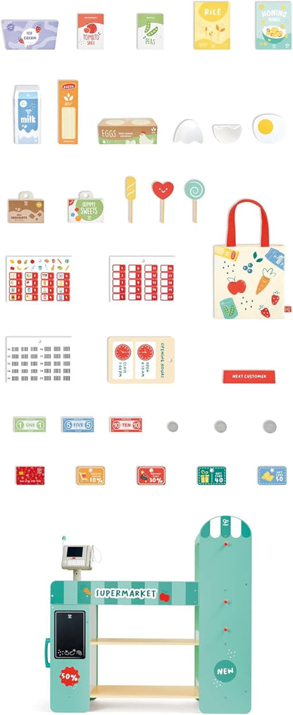 Hape Smart Wooden Supermarket Play Center - 3-in-1 Role Play Shop with Cash Register & Grocery Accessories