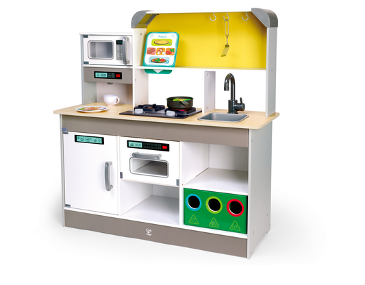 Hape Deluxe Wooden Play Kitchen Set with Lights & Sound, Microwave, Sink & Accessories for Kids Pretend Play