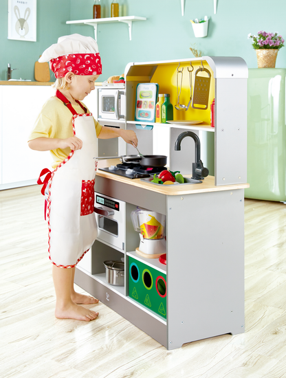 Hape Deluxe Wooden Play Kitchen Set with Lights & Sound, Microwave, Sink & Accessories for Kids Pretend Play