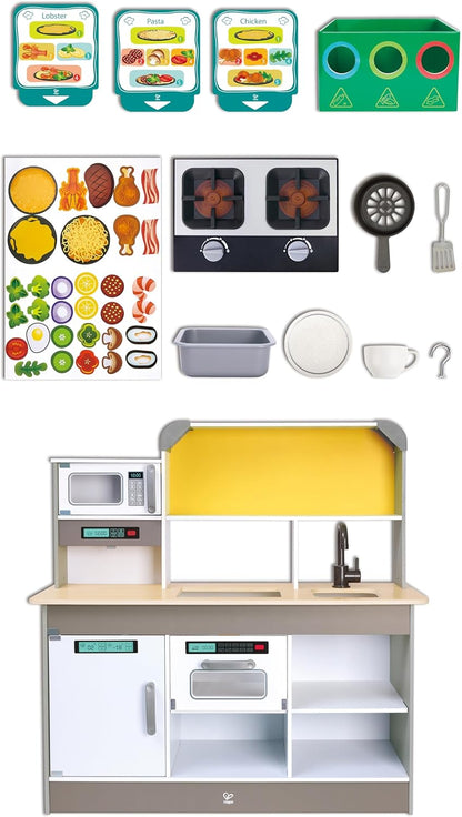 Hape Deluxe Wooden Play Kitchen Set with Lights & Sound, Microwave, Sink & Accessories for Kids Pretend Play