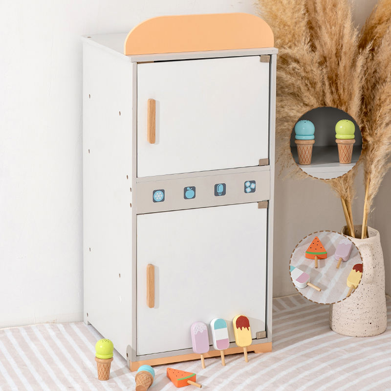 Wooden Kids Pretend Play Refrigerator Toy with Magnetic Ice Cream & Popsicle Accessories – Double Door Kitchen Role Play Toy