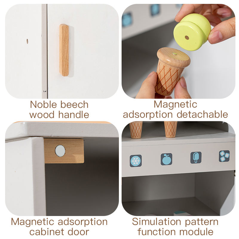 Wooden Kids Pretend Play Refrigerator Toy with Magnetic Ice Cream & Popsicle Accessories – Double Door Kitchen Role Play Toy