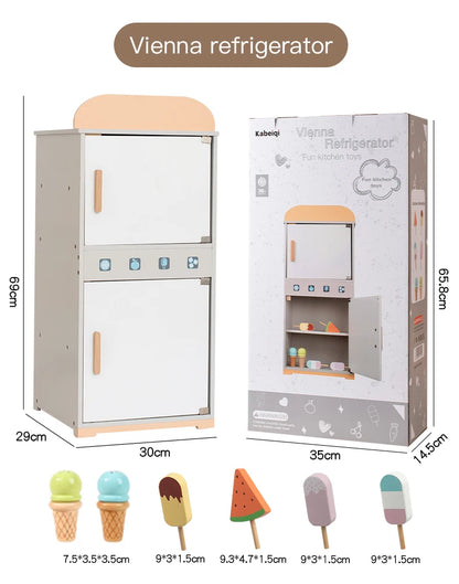 Wooden Kids Pretend Play Refrigerator Toy with Magnetic Ice Cream & Popsicle Accessories – Double Door Kitchen Role Play Toy