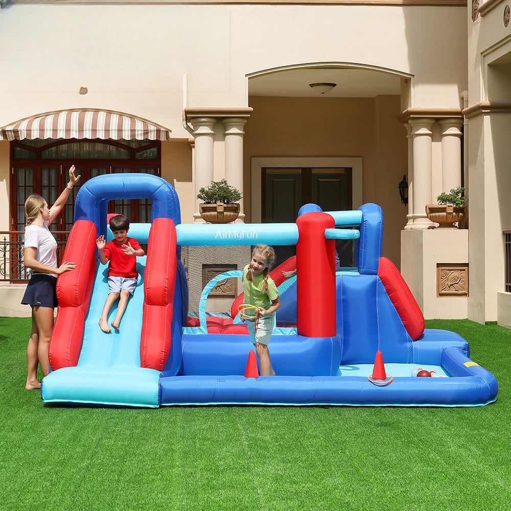 Kids Inflatable Bouncy Castle Water Park – Dual Slides, Splash Pool, Jumping Area, Basketball & Toss Games