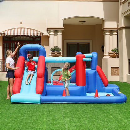 Kids Inflatable Bouncy Castle Water Park – Dual Slides, Splash Pool, Jumping Area, Basketball & Toss Games