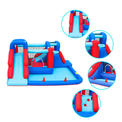 Kids Inflatable Bouncy Castle Water Park – Dual Slides, Splash Pool, Jumping Area, Basketball & Toss Games