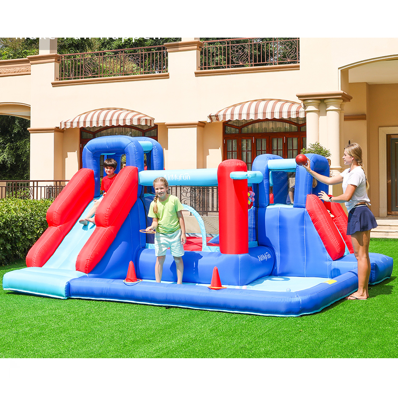 Kids Inflatable Bouncy Castle Water Park – Dual Slides, Splash Pool, Jumping Area, Basketball & Toss Games