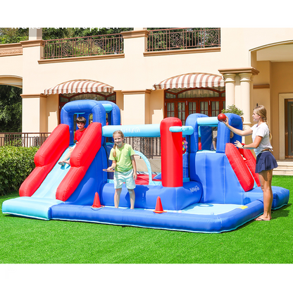 Kids Inflatable Bouncy Castle Water Park – Dual Slides, Splash Pool, Jumping Area, Basketball & Toss Games