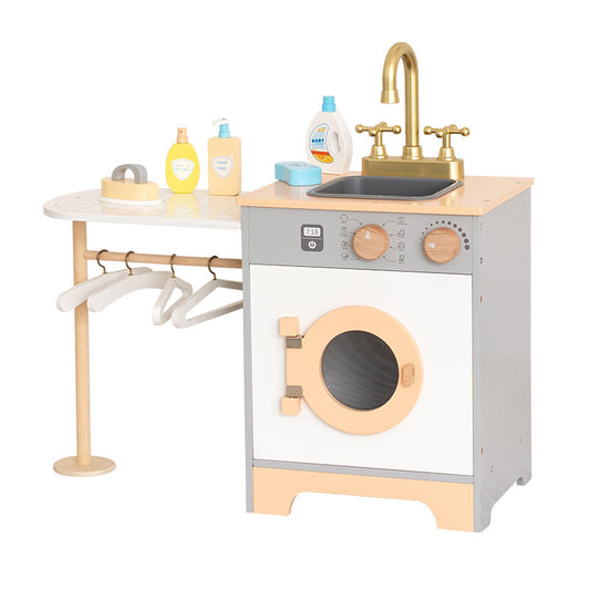 Wooden Kids Laundry Playset with Washing Machine, Sink, Ironing Table & Hangers – Pretend Play Household Toy Set for Children