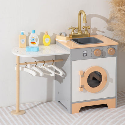 Wooden Kids Laundry Playset with Washing Machine, Sink, Ironing Table & Hangers – Pretend Play Household Toy Set for Children