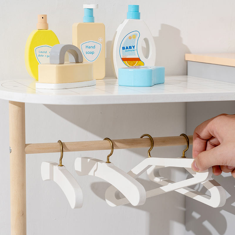 Wooden Kids Laundry Playset with Washing Machine, Sink, Ironing Table & Hangers – Pretend Play Household Toy Set for Children